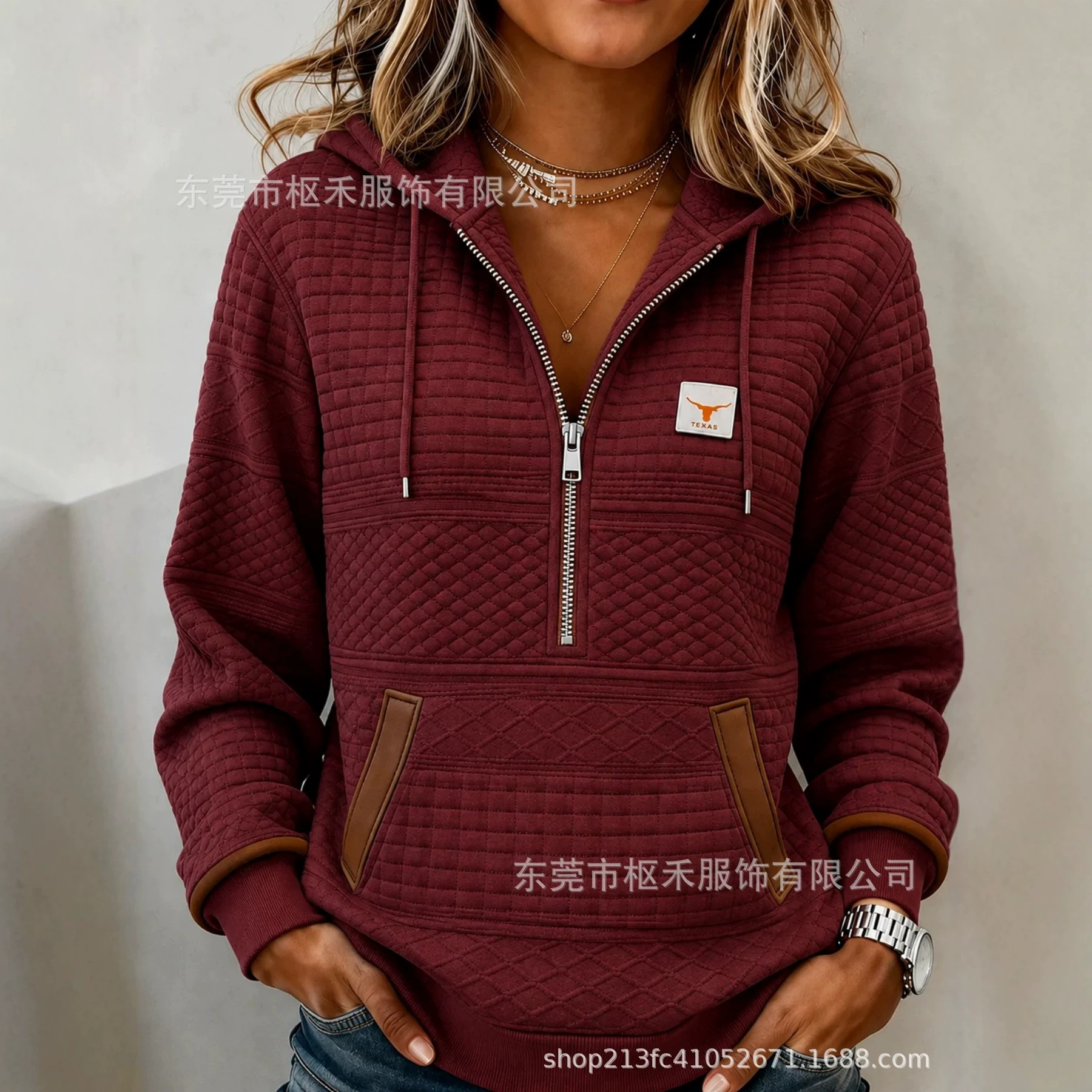 Waffle Print Half-Zip Stand Collar Solid Color Hoodie