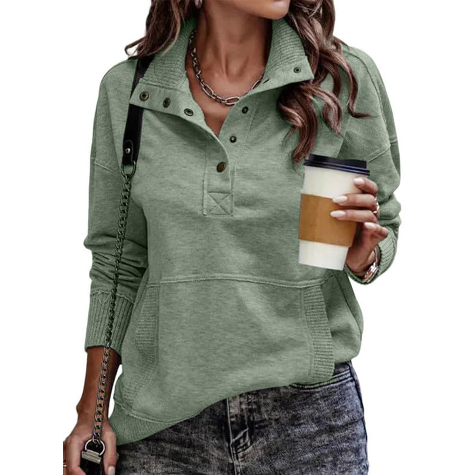 Women's Long Sleeve Stand Collar Button Pullover Sweatshirt
