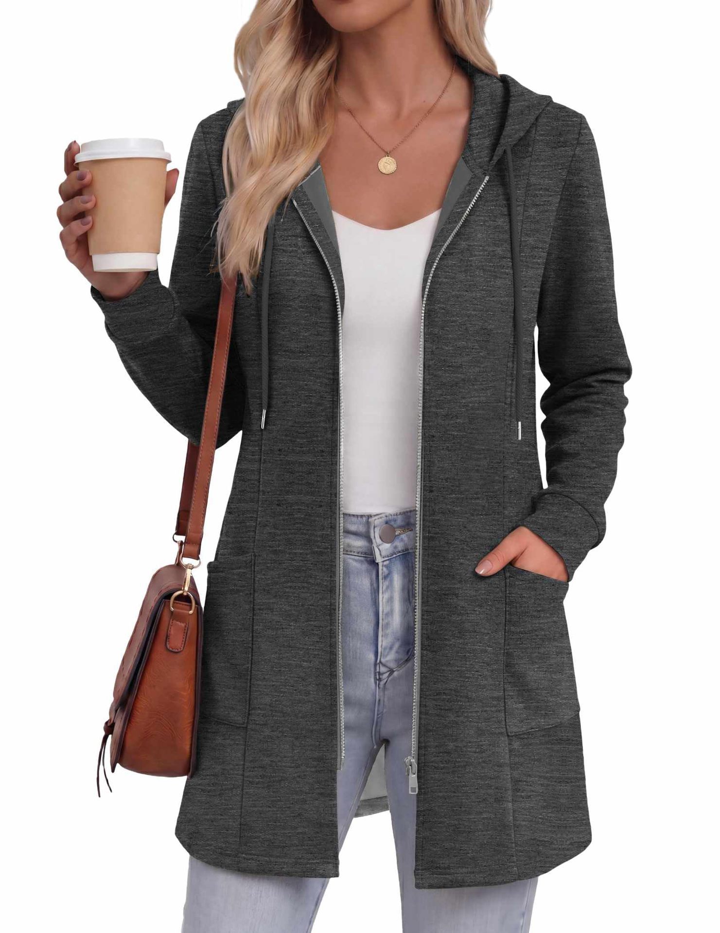 Women's Solid Color Mid-Length Zip-Up Hoodie Casual Sweatshirt Jacket