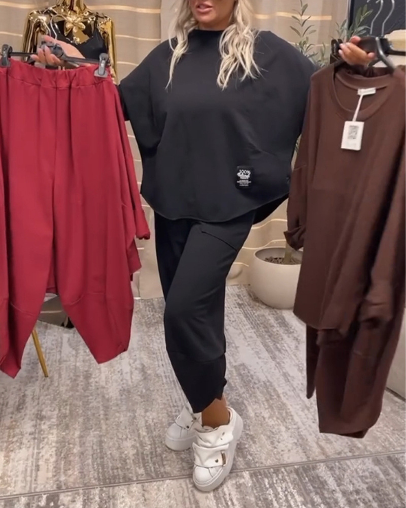 Women's Solid Color Embroidered Pullover Sweatshirt Set Casual Long Sleeve