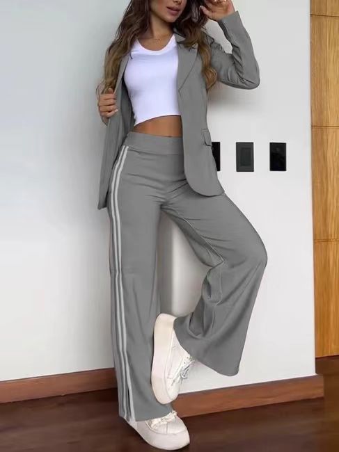 Women's Casual Lapel Blazer & Wide-Leg Pants Two-Piece Set