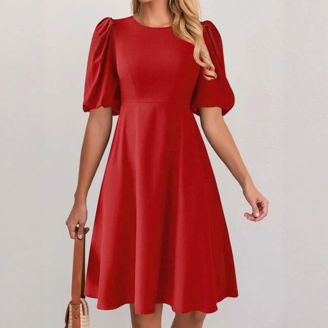 Women's Elegant Solid Color Round Neck Puff Sleeve Dress