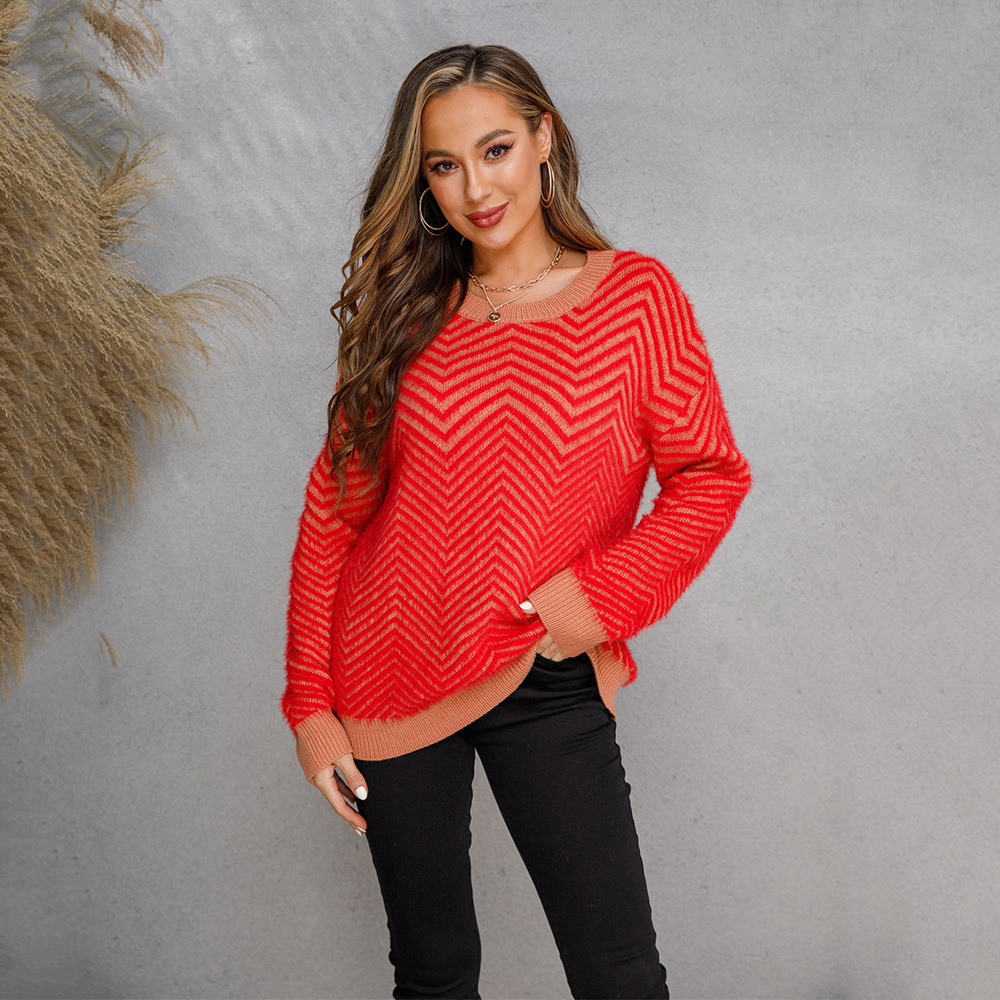 Women's Mink Fur Crewneck Pullover Long Sleeve Sweater