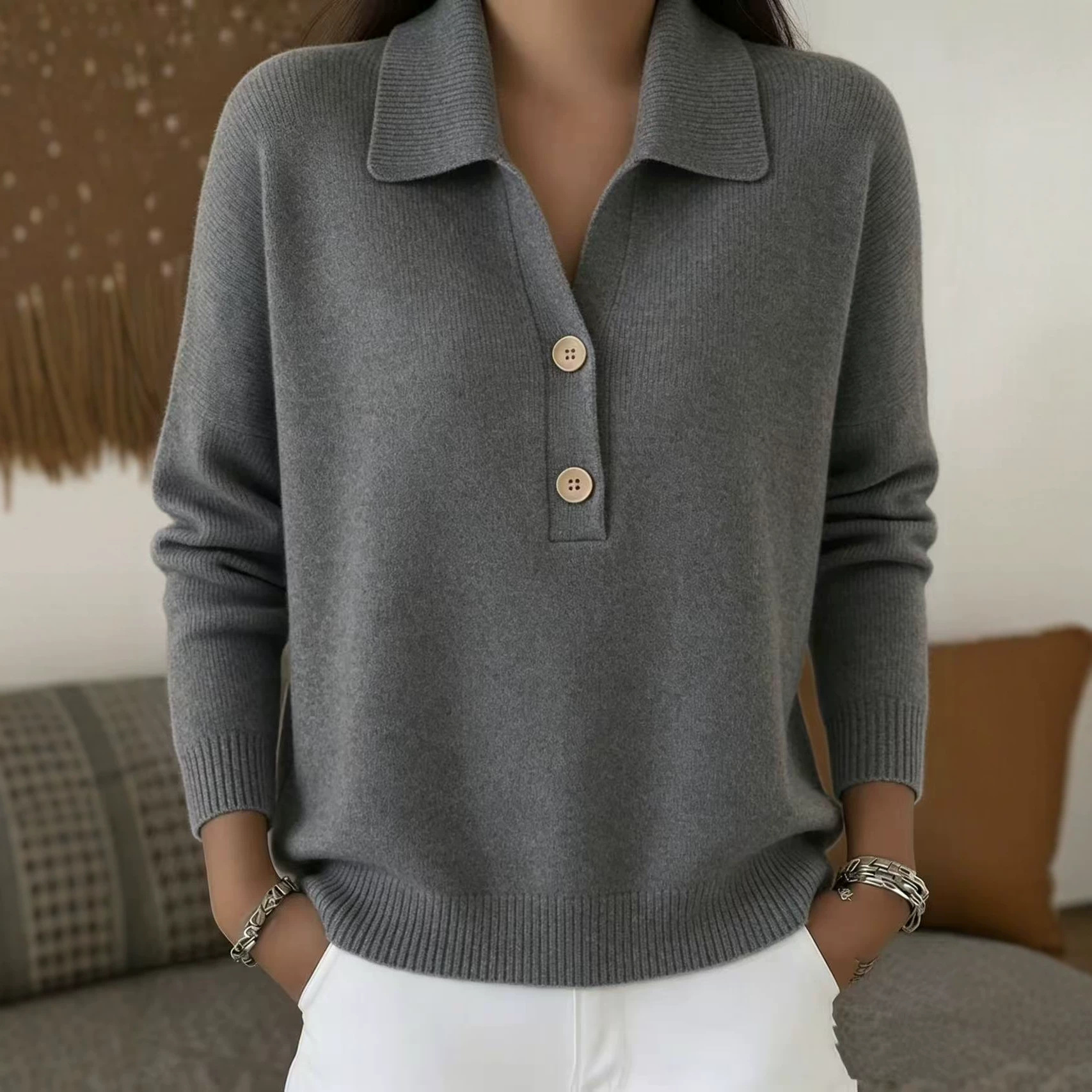 Women's Wool-Blend Button-Front Collared Knit Sweater