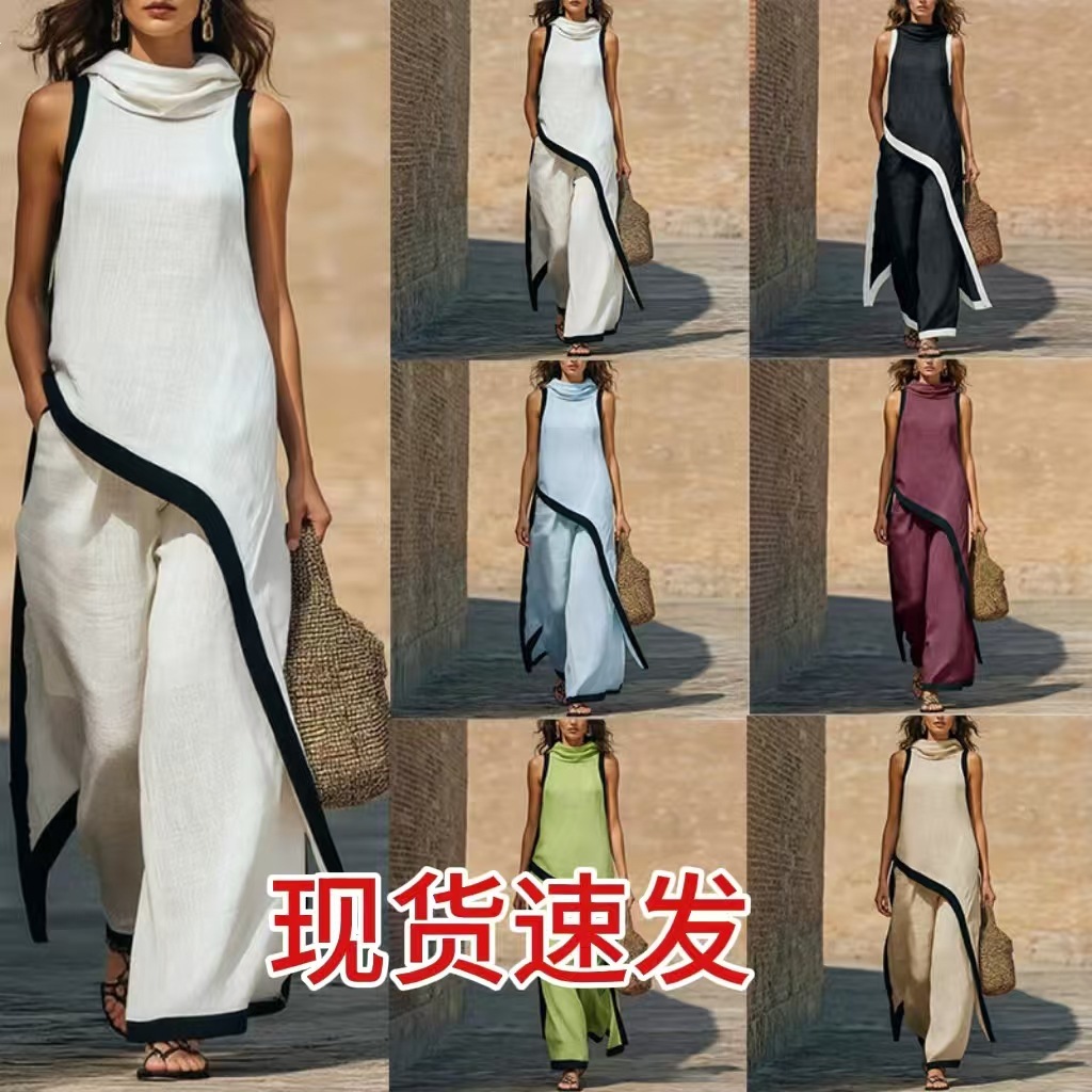 2026 New Cross-Border Summer Cotton-Linen Two-Piece Set Women's Sleeveless Asymmetrical Top Loose Wide-Leg Pants Set