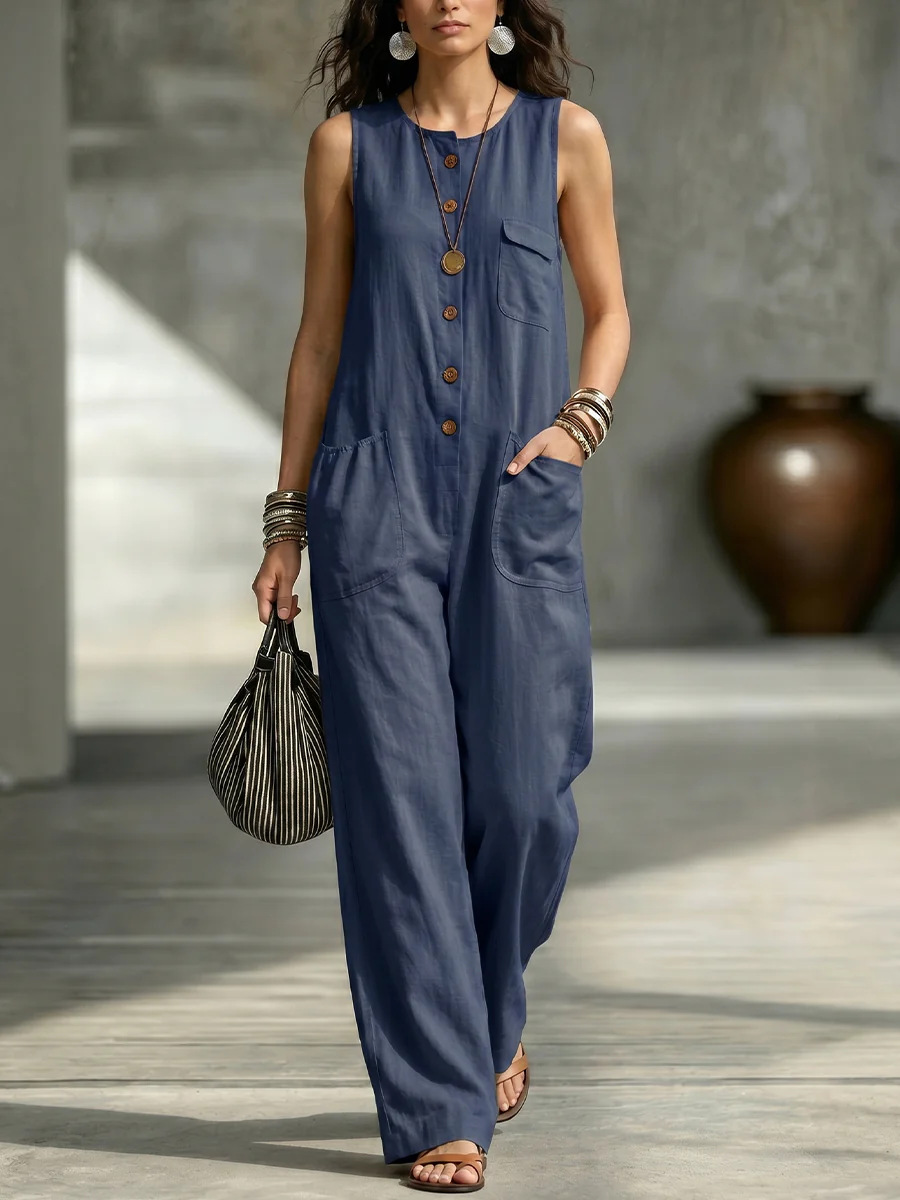 Sleeveless Wide-Leg Jumpsuit with Pockets Casual