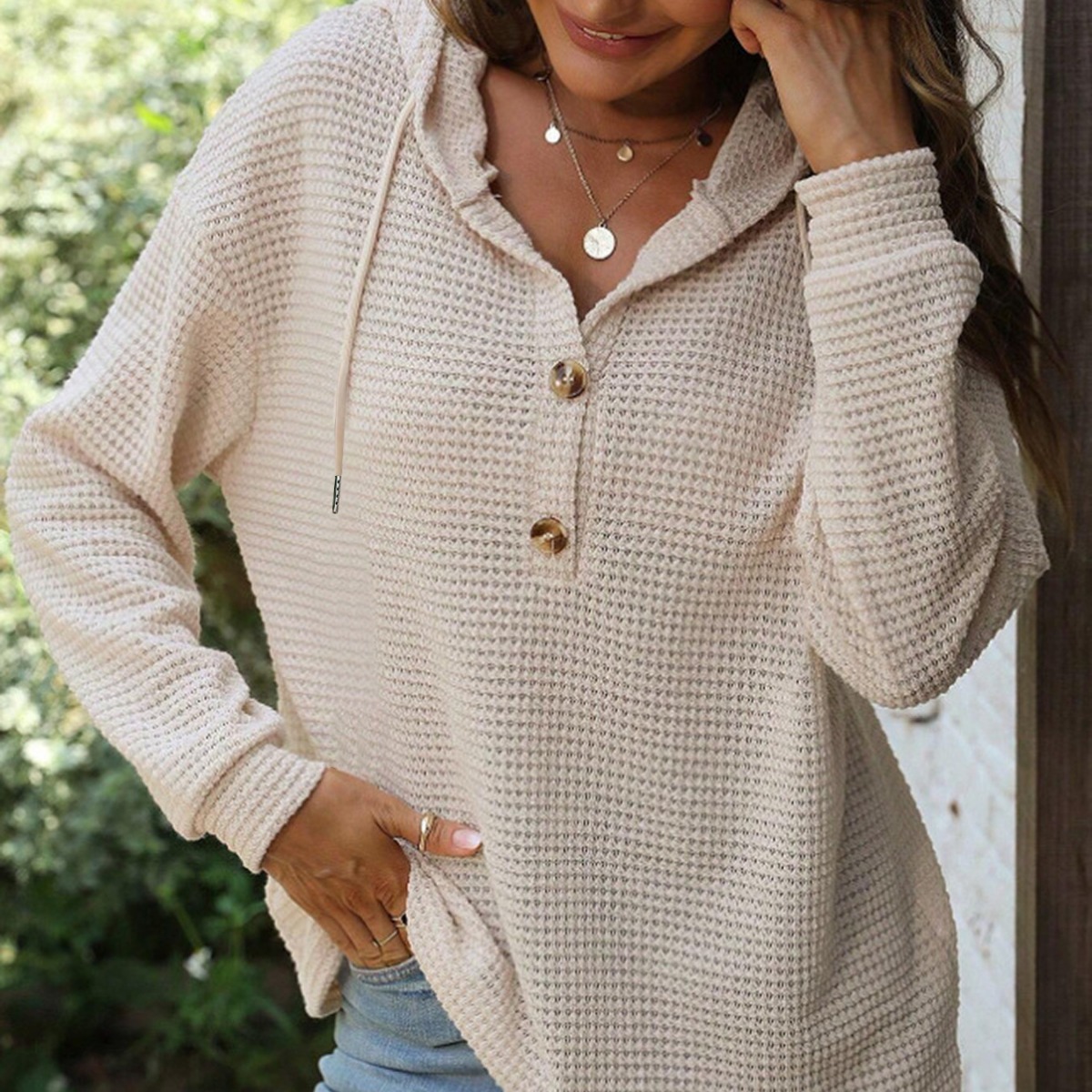 Solid Color Hooded Button Loose Fit Long Sleeve Sweatshirt for Women