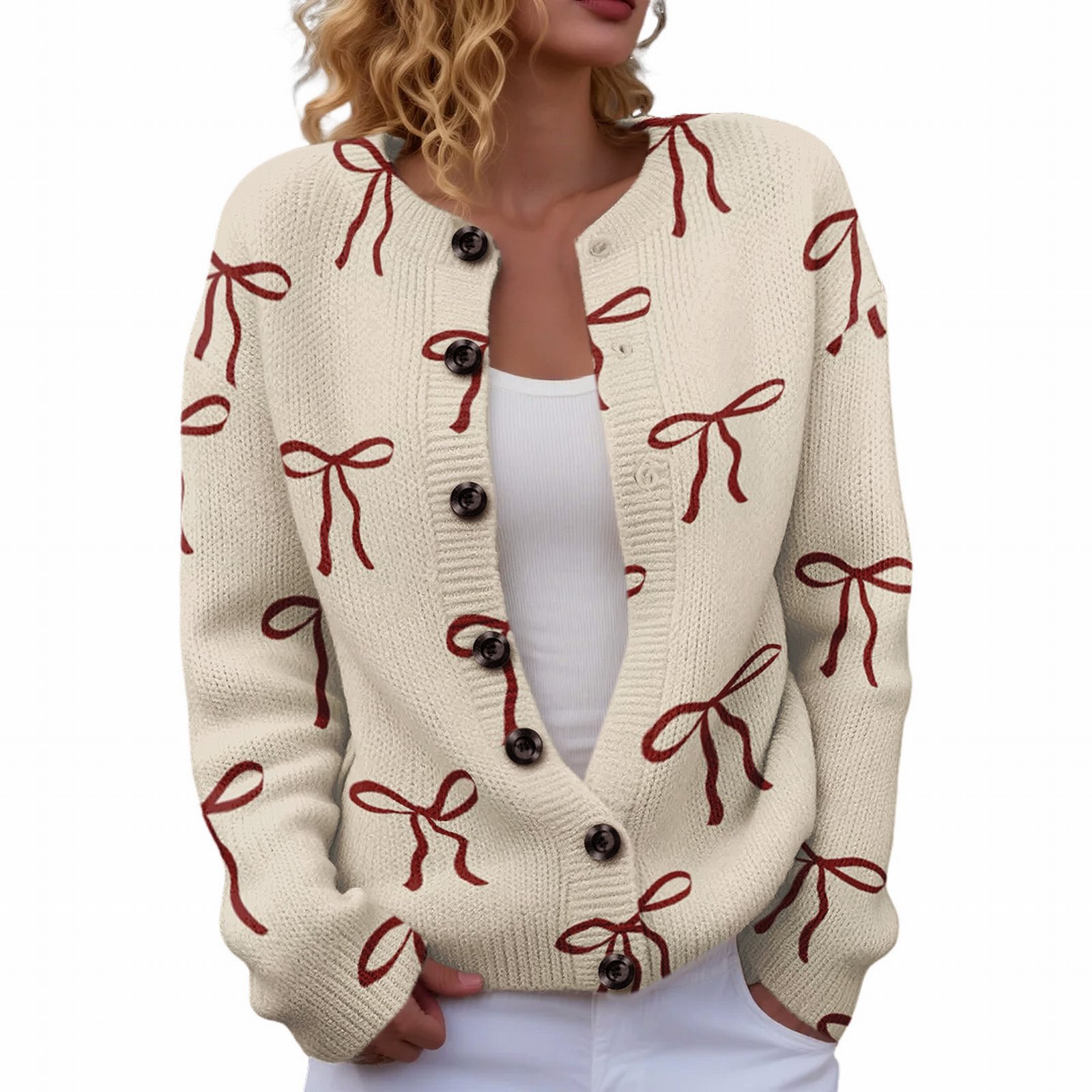Women's Heart Ribbon Bow Cherry Print Cardigan