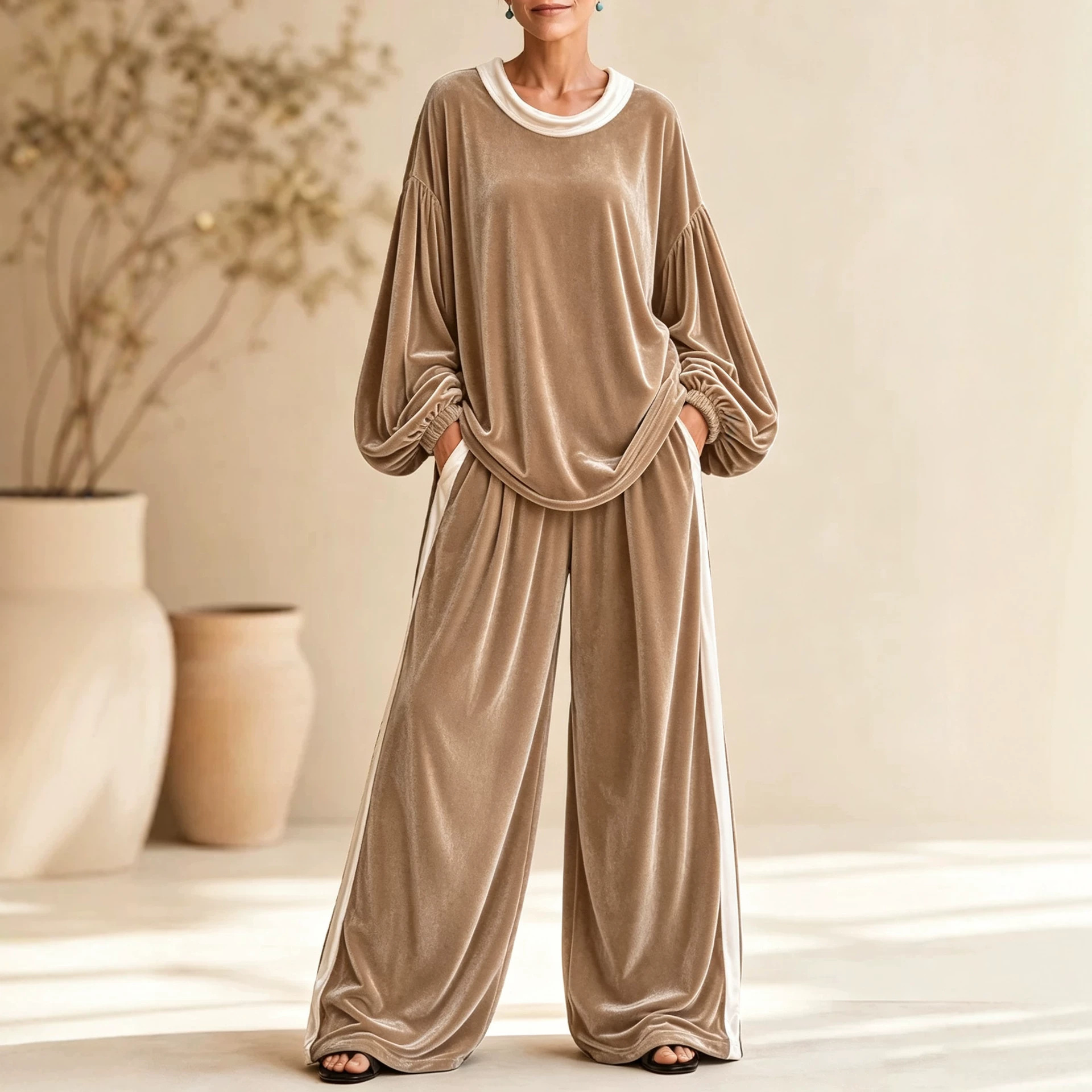 Velvet Black and White Colorblock Two-Piece Women's Casual Set