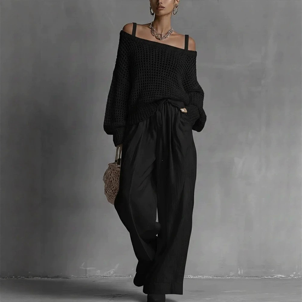 Women's Open-Knit Top and Cotton-Linen Pants Two-Piece Set