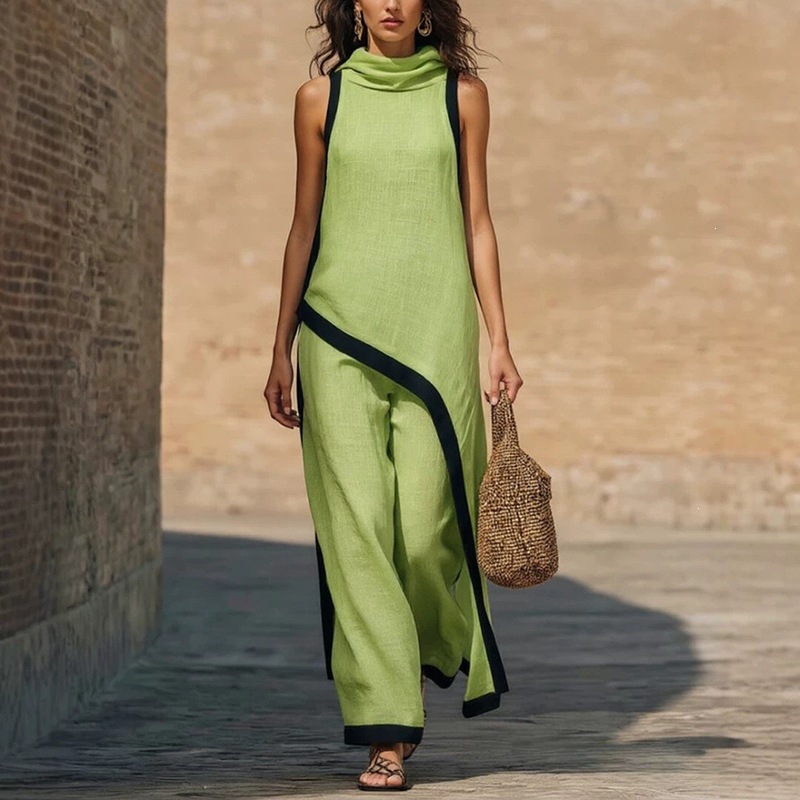 2026 New Cross-Border Summer Cotton-Linen Two-Piece Set Women's Sleeveless Asymmetrical Top Loose Wide-Leg Pants Set