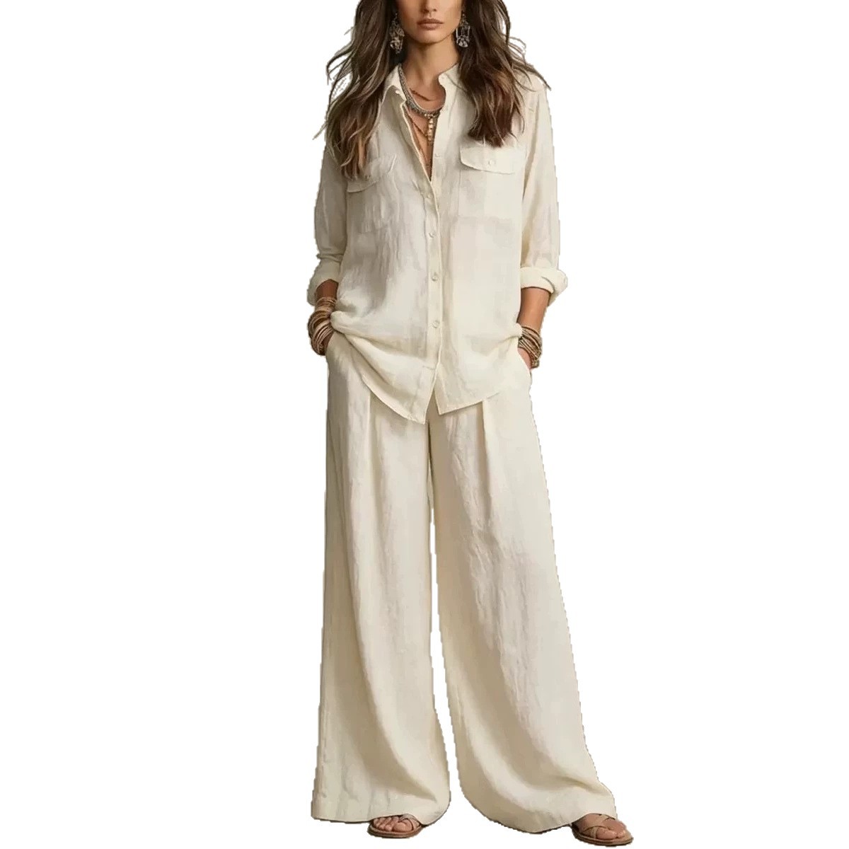 Women's Lightweight Long Sleeve Shirt and Wide-Leg Pants Set