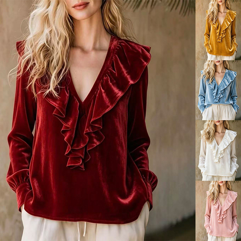 Velvet V-Neck Ruffle Elegant Top for Women