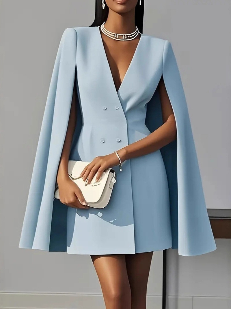 Double-Breasted Cape Blazer Dress Solid Color