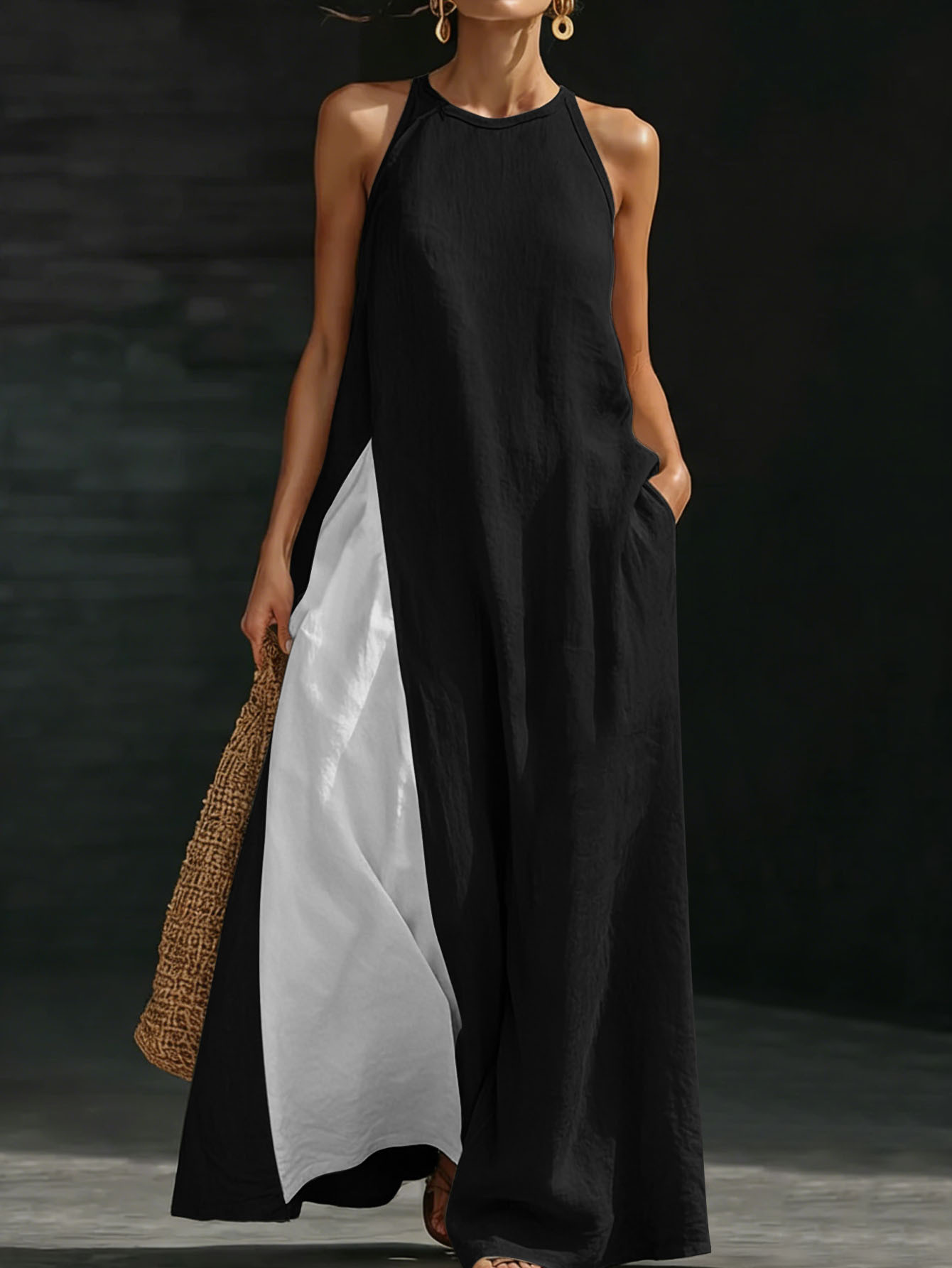 Color-Block Sleeveless Maxi Dress with Pockets