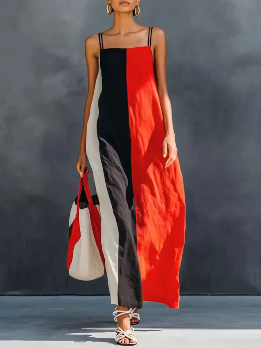 Women's Sleeveless Spaghetti Strap Dress Casual Vacation Color Block Long Dress