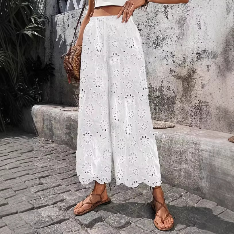 Women's Embroidered Cutout Drawstring Pants Casual Straight-Leg White
