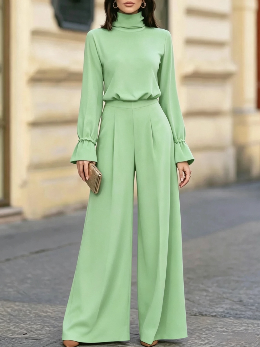 Women's Mock Neck Solid Top and High-Waist Wide-Leg Pants Two-Piece Set