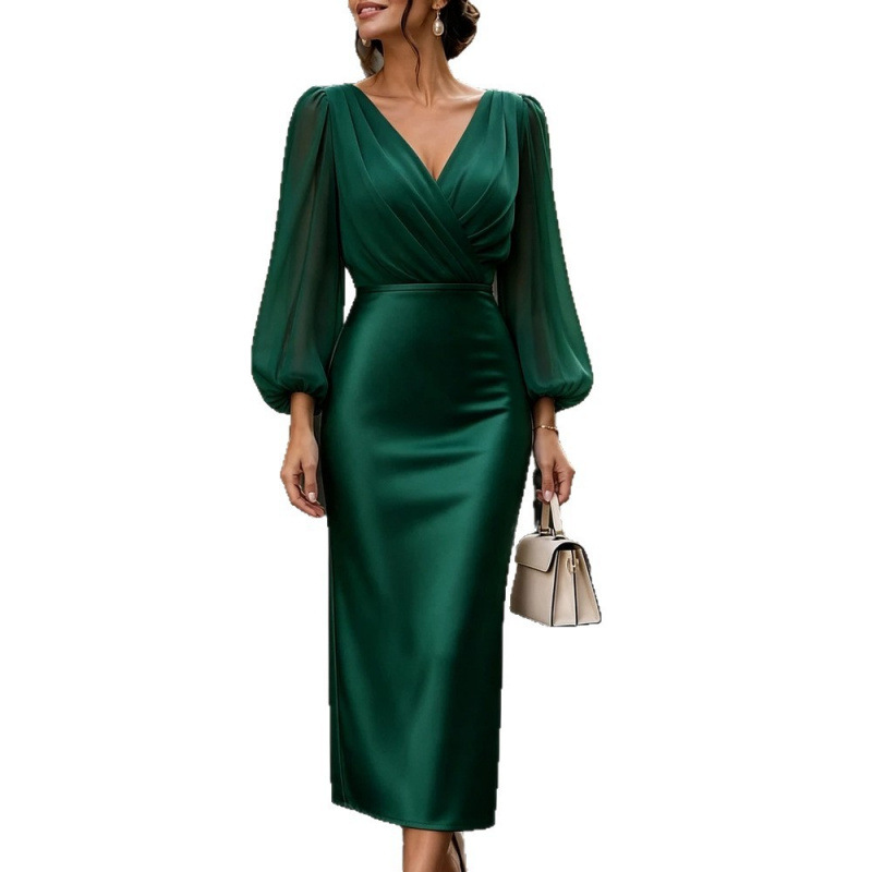 Women's Solid Color Waist-Cinching Long Sleeve Dress