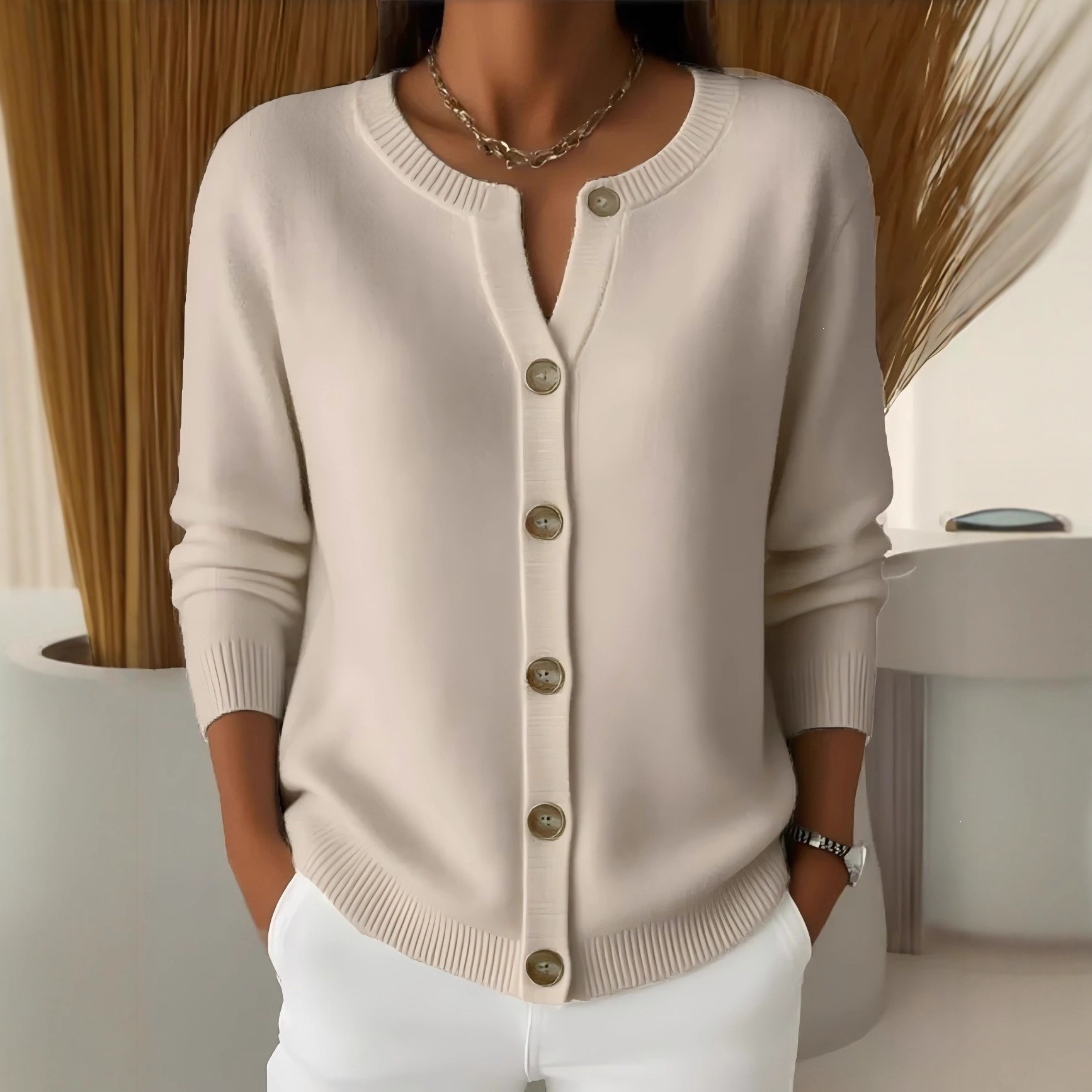 Women's Button-Up Knit Cardigan Crewneck Loose Fit Solid Color