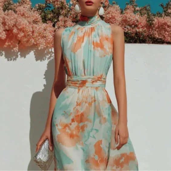 Sleeveless Digital Print Cinched Waist Pleated Midi Shirt Dress