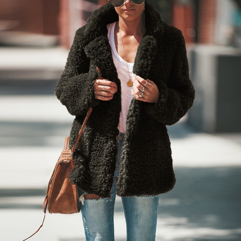 Loose Warm Fleece Solid Color Long Sleeve Collared Cardigan Jacket
