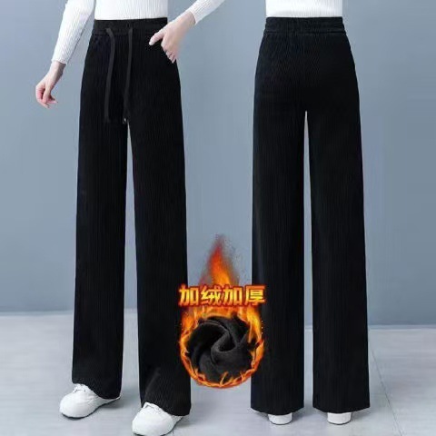 Fleece-Lined Corduroy Wide-Leg Pants High Waist Straight Drapey