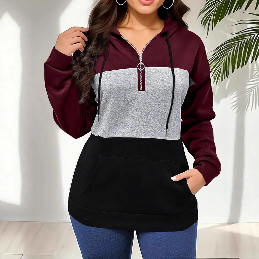 Women's Color-Block Zip-Up Hoodie with Drawstring