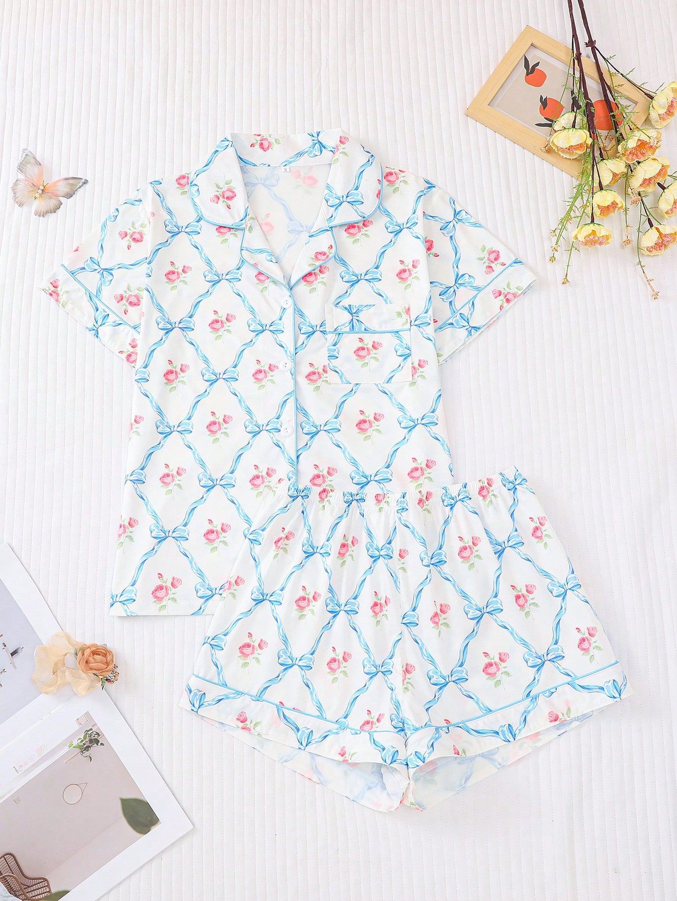 Women's Summer Hawaiian Print Short Sleeve Shirt Set