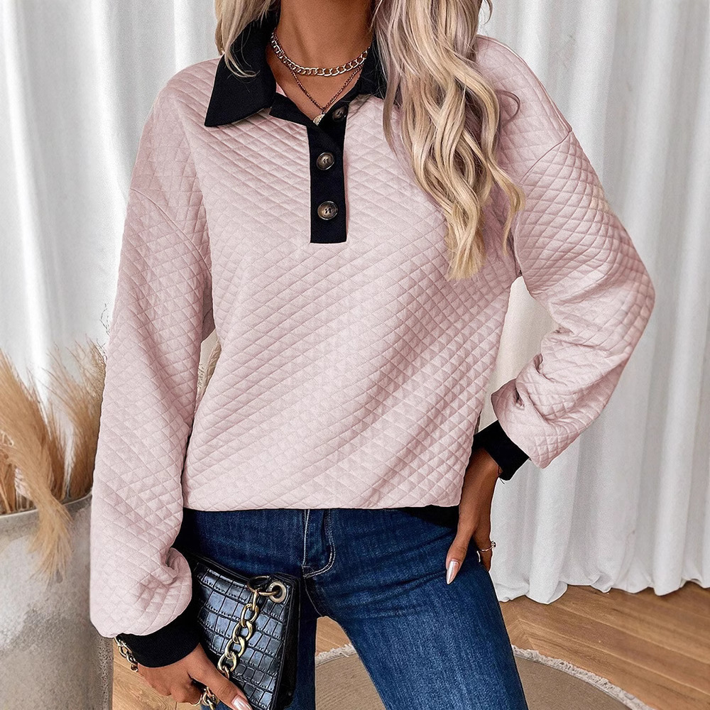 Women's Color-Block Buttoned Collar Pullover Sweatshirt Loose Fit