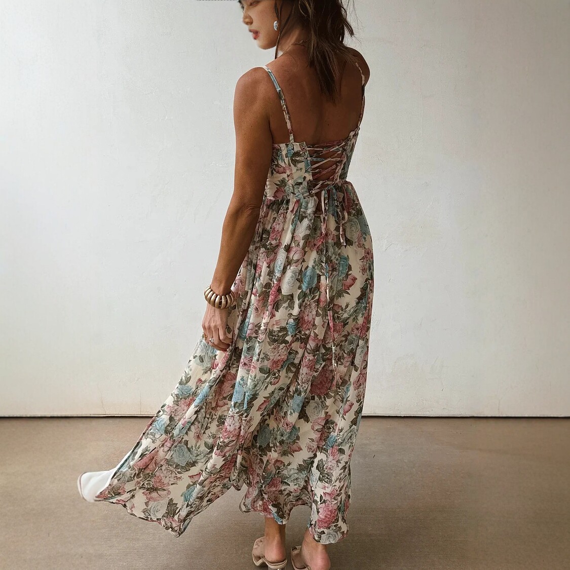 Vintage Floral V-Neck High-Slit Cami Maxi Dress