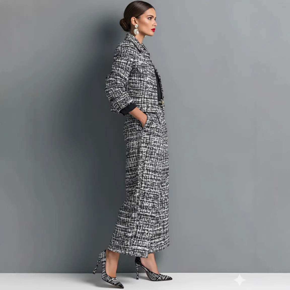 Women's Plaid Print Two-Piece Set with Collared Top and Wide-Leg Pants