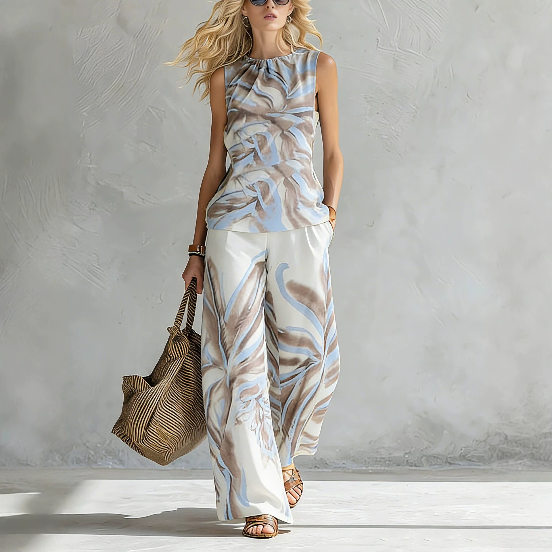 Vacation Plant Print Sleeveless Tank Top and Wide-Leg Pants Set
