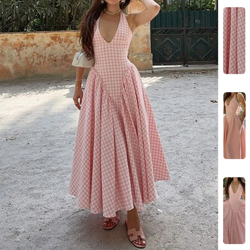 Elegant Halter Neck Pleated Waist Midi Dress