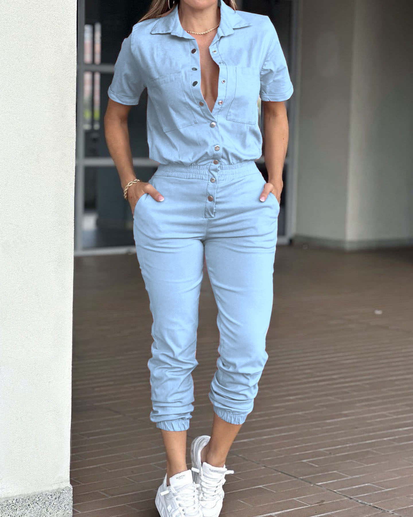 Women's Casual Jumpsuit with Collar, Pockets, Elastic Waist and Button Detail