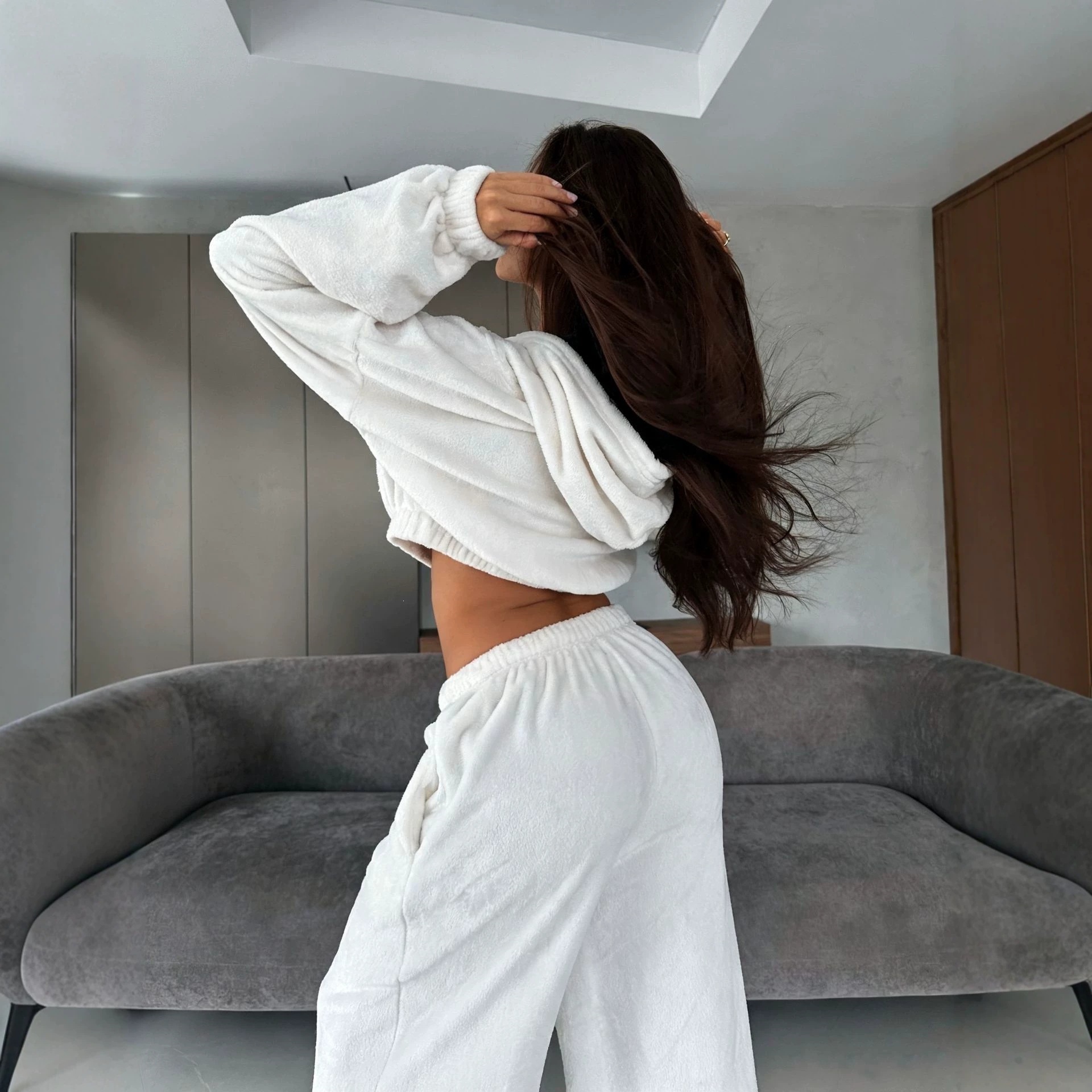 Soft Fleece Hooded Jacket & Drawstring High-Waist Wide-Leg Pants Set