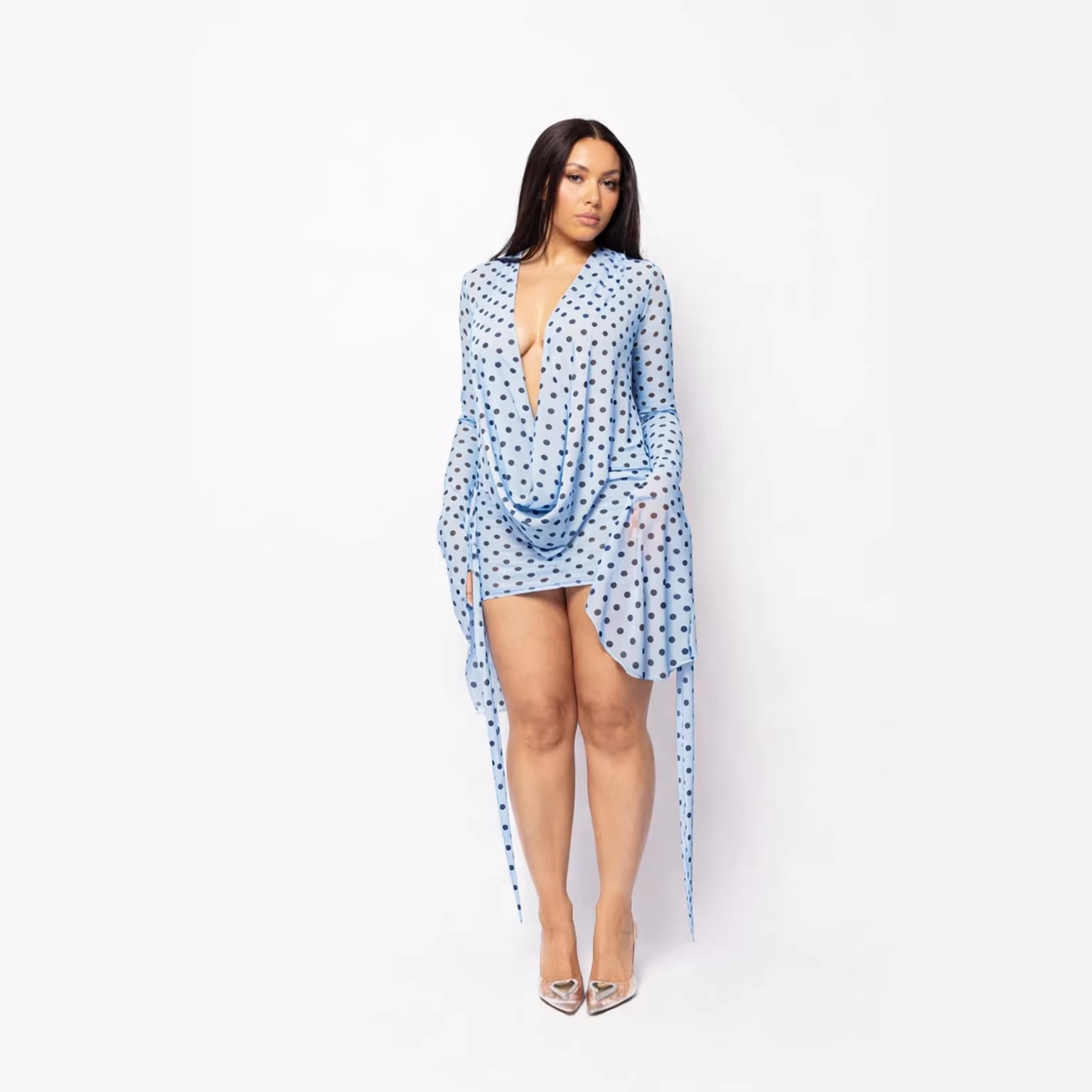 Polka Dot Deep V Bodycon Mini Dress