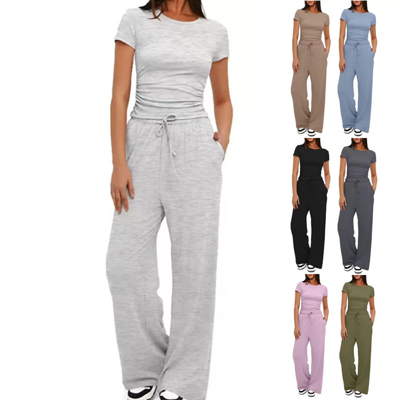 Women's Two-Piece Casual Set Ruched Short Sleeve Top Wide-Leg Pants