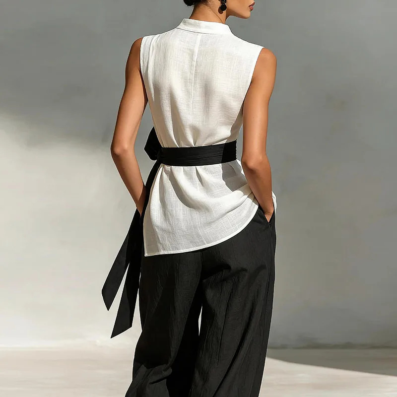 Tencel Linen Sleeveless Tie Top & Wide-Leg Pants Set