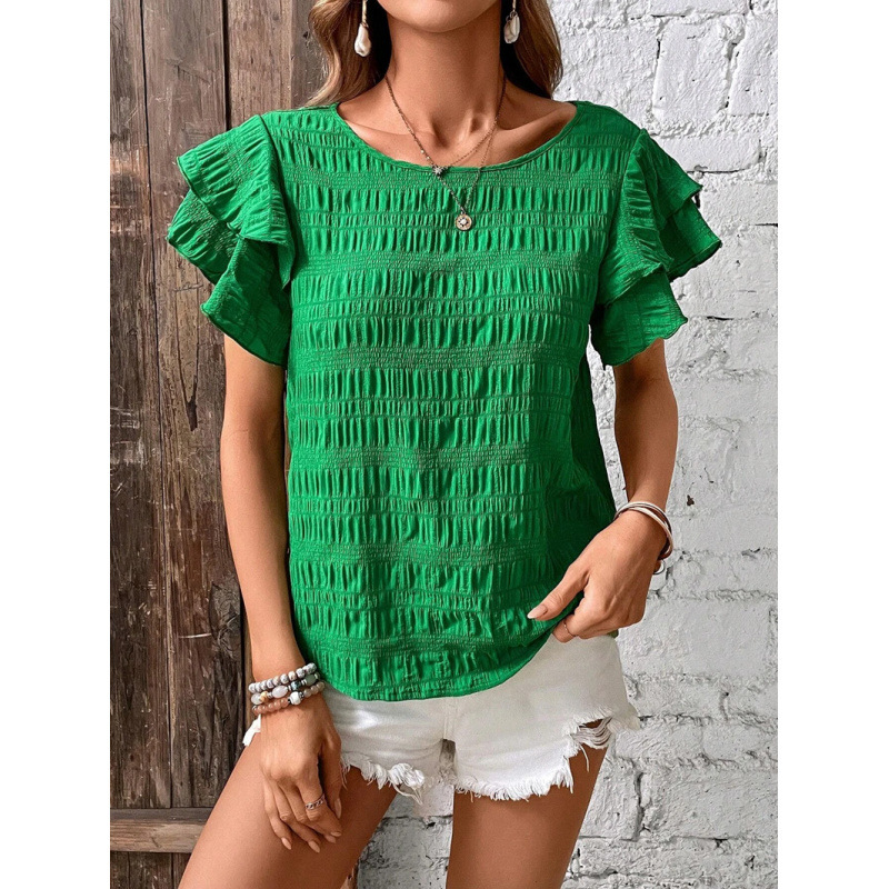 Women's Summer Double Ruffle Sleeve Round Neck Pullover T-Shirt
