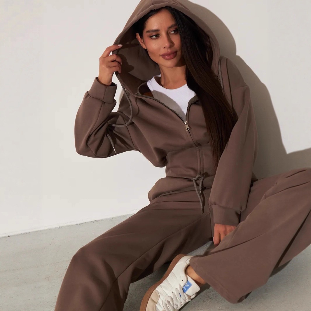 Women's Solid Color Zip Hooded Cardigan and Wide-Leg Pants Two-Piece Set