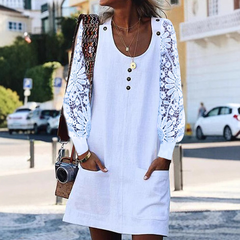 Women's Summer Solid Color Cutout Long Sleeve U-Neck Button Dress with Pockets