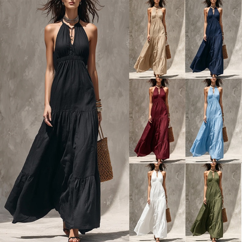 Women's Halter V-Neck Tiered Maxi Dress
