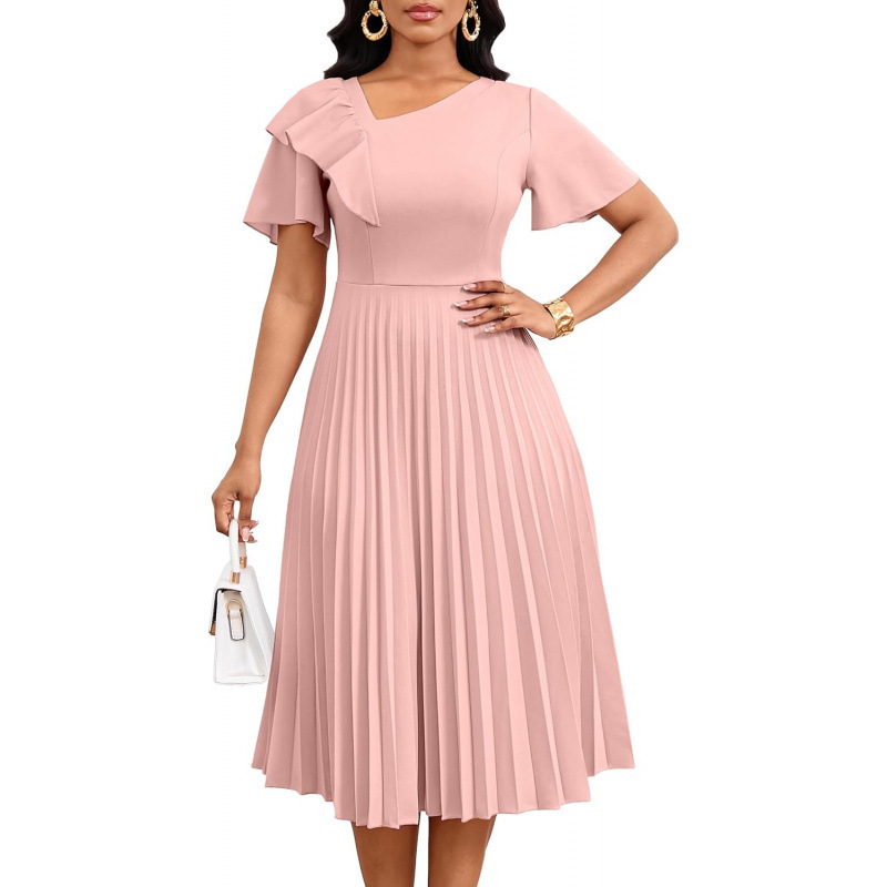 Asymmetric Ruffle Short Sleeve A-Line Midi Dress