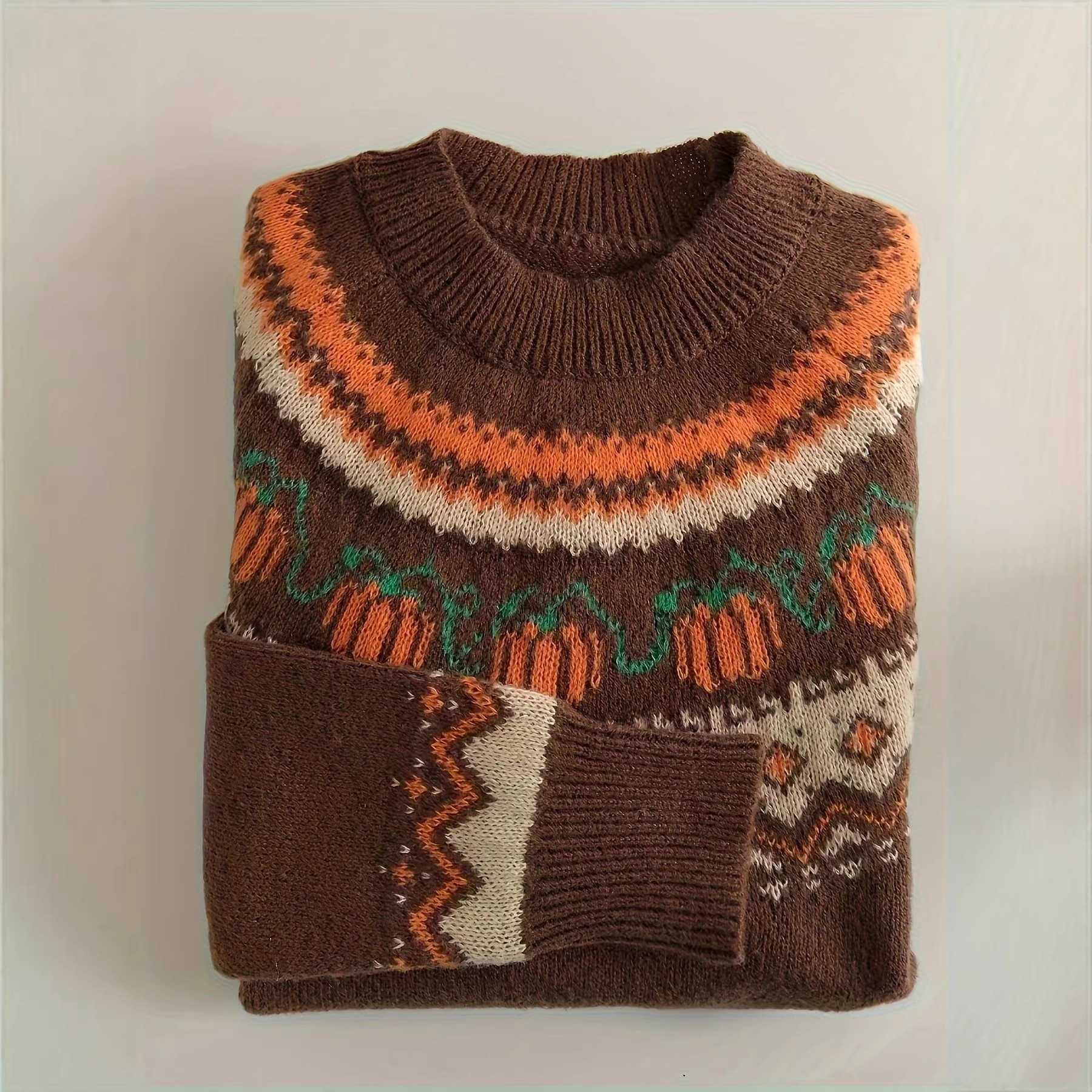 American Retro Pumpkin Jacquard Crewneck Sweater Fair Isle Wave Knit Top