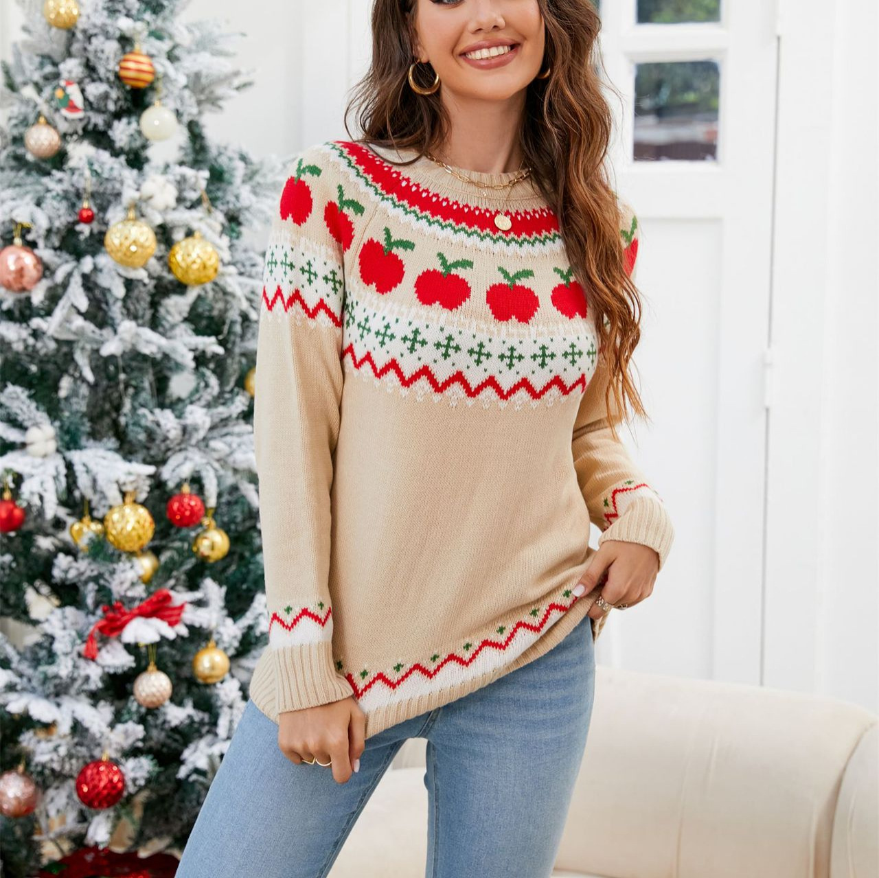 Christmas Tree Print Pullover Sweater for Women