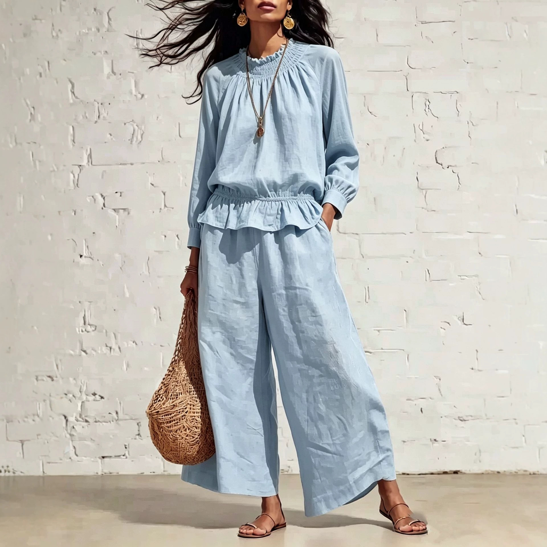 Women's Ruffle Wide-Leg Pants Two-Piece Set Long Sleeve Shirt Casual
