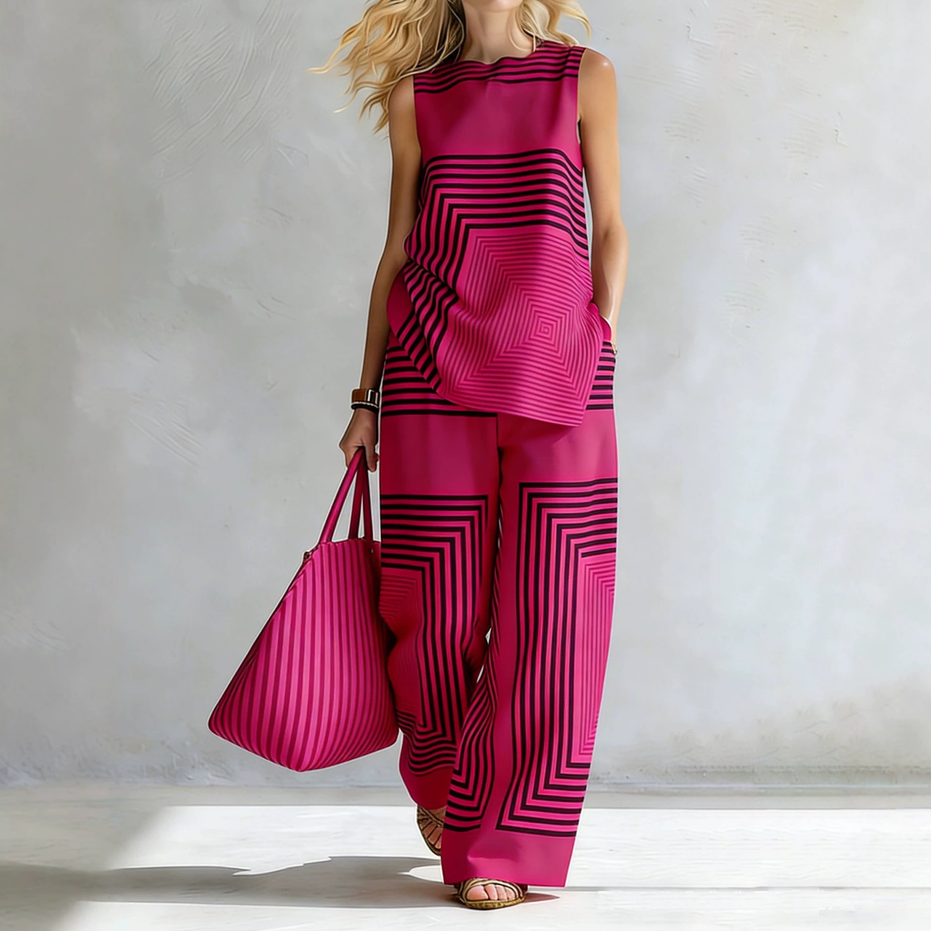 Striped Sleeveless Round Neck Top and Pants Set