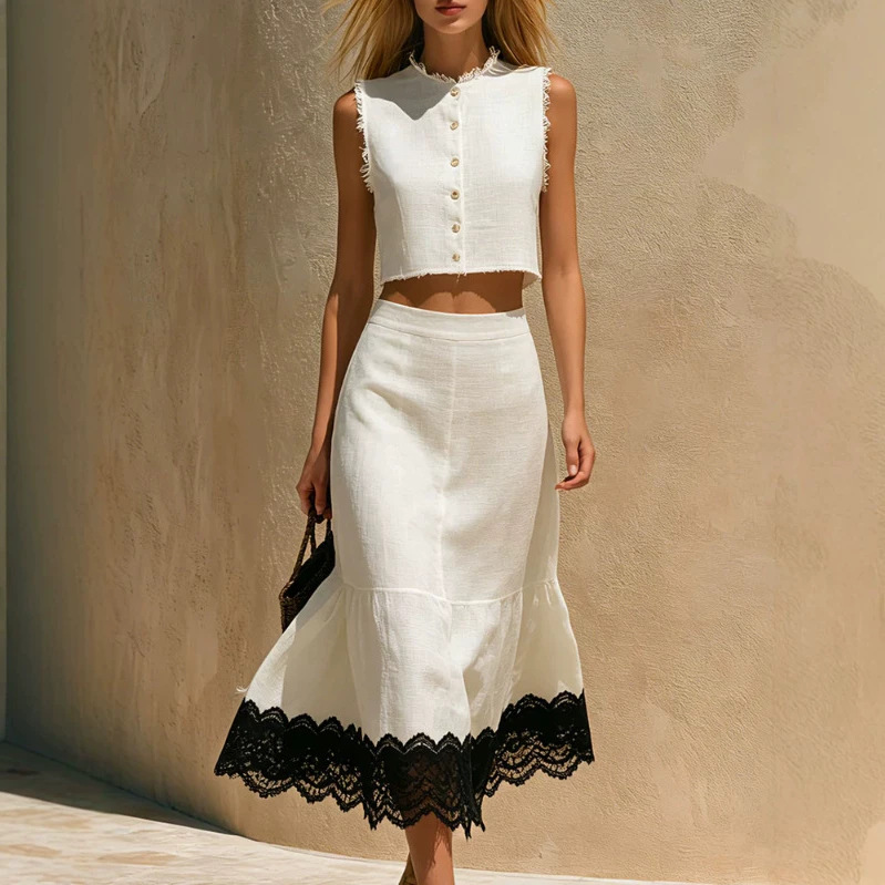 Color-Block Lace Sleeveless Top and Skirt Set