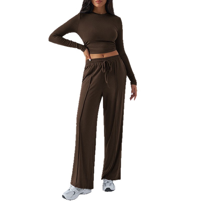 Y2K Long-Sleeve Wide-Leg Pant Set Casual Two-Piece Outfit